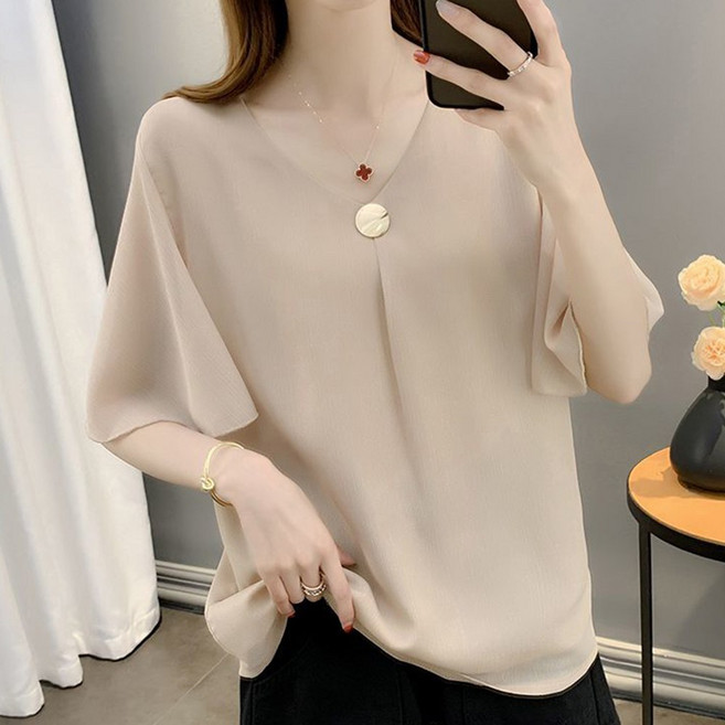 besteffie 여성 브이넥 반팔 블라우스 편안한 데일리 루즈핏 오피스 심플 탑
