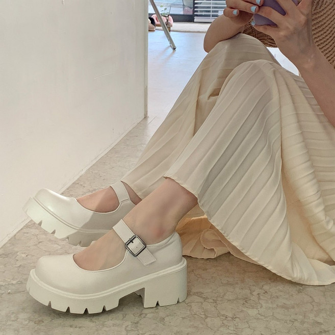 플라틴베이지 여성 통굽 메리제인 구두 발편한 키높이 워커 힐 키작녀코디 (가보시/6CM)