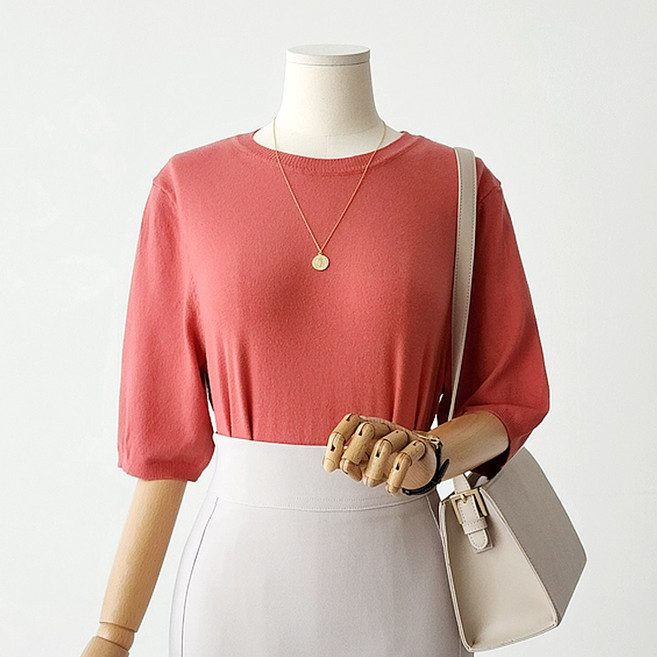 오마이제이 라운드넥 반팔 니트 5부소매 기본 루즈핏 부드러운 소재(비스코스49%)