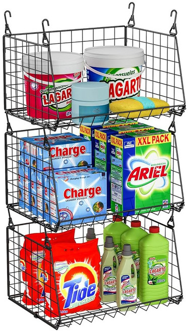 3팩 걸이 세탁실 정리함: 세탁기 및 건조기 선반 위에 360 회전 후크가 있는 접이식 세탁 바구니 와이어 - 옷장 정리함 블랙 특허