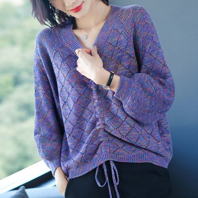 ORZQU 가을 여성 캐주얼 브이넥 컬러 니트 긴팔 빅사이즈 스트링 스웨터 톱