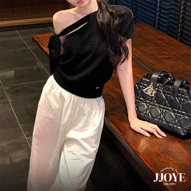 쪼예 러블리 원숄더 언발 리본 반팔 니트 티셔츠