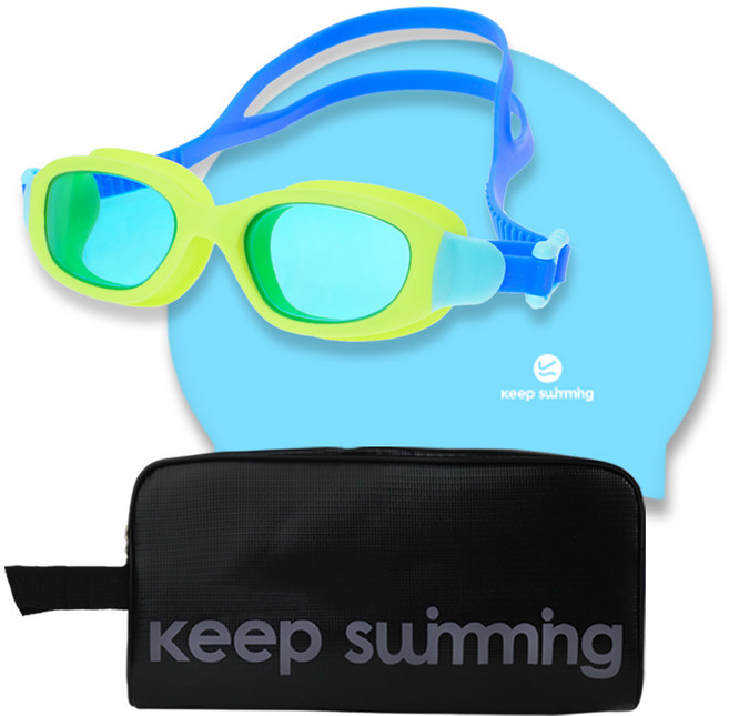 킵스위밍 아동 초등학생 어린이 생존수영 수경 수영모 수영가방 세트, 그린수경+스카이수모+블랙가방, 1개