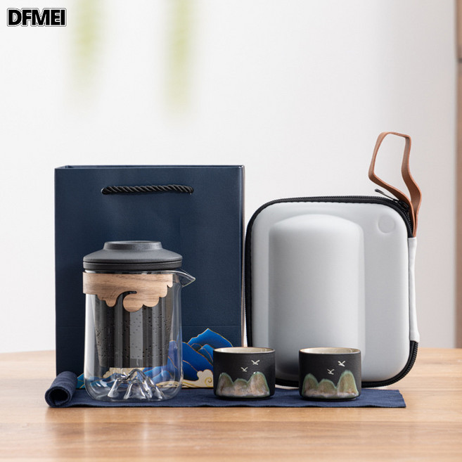 DFMEI 國潮文創千里江山旅行茶具套裝家用商務伴手禮送客戶禮物, 黑色千里江山一壺二杯/灰便攜包+袋子, 千里江山茶具套裝, 1個