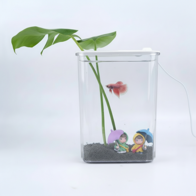 수경재배 화분 일체형 미니 어항 베타 구피 플라스틱 탁상용 수조, 1개, 화이트