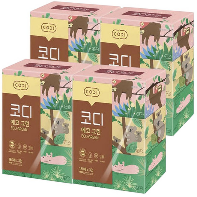 코디 에코그린 각티슈 180매x3입 4팩 미용티슈, 3매입, 4박스