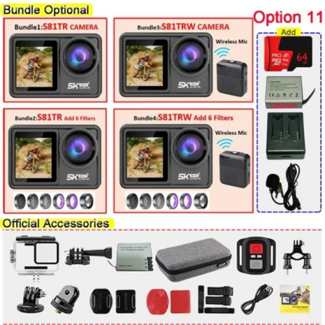 S81TRW 액션 카메라 와이파이 고 스포츠 프로 캠 5K30FPS 4K60FPS 48MP EIS 2 인치 IPS 듀얼 스크린 옵션 6 필터 무선 마이크, 44) Option 11 - S81TRW Add 6 F, Option 11