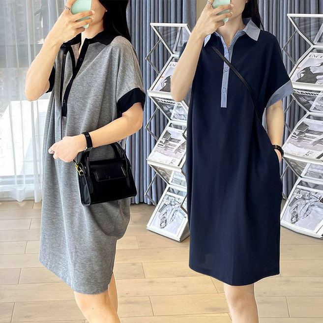 150kg까지 빅사이즈 여성 셔츠원피스 데일리 배색 오버핏 반팔 원피스 타셔츠 롱티