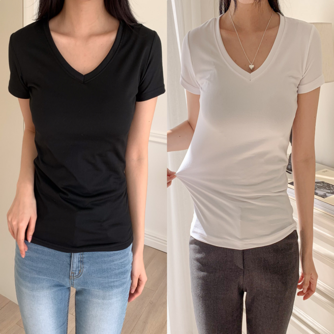 에르모소 1+1 여성 슬림핏 무지 반팔 티셔츠 반팔티 여자 여름 기본 티셔츠 H-C026