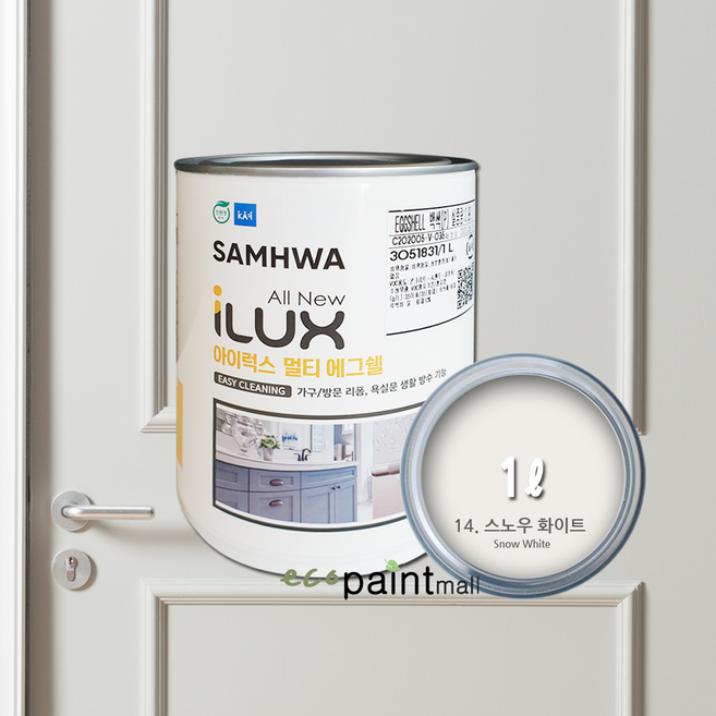 삼화페인트 아이럭스 멀티 에그쉘 1L 생활방수 방문 욕실문 화장실문 몰딩 싱크대 친환경 수성 프리미엄 페인트, 14. 스노우 화이트 1L, 1개