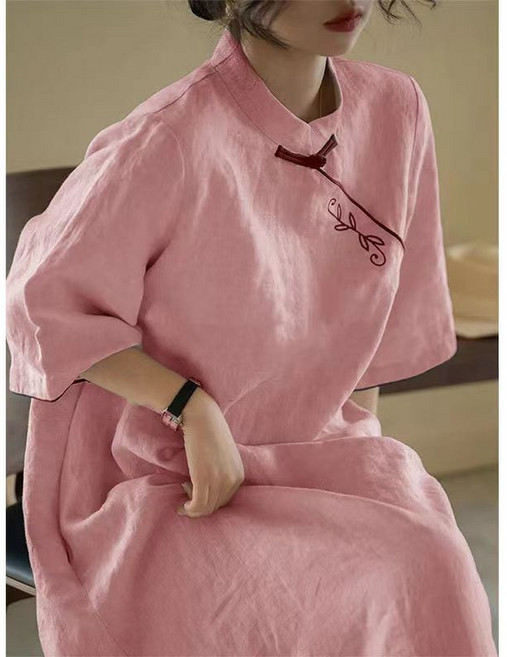DFMEI 春夏季棉麻寬鬆復古刺繡新中式改良旗袍連衣裙小立領繡花裙子