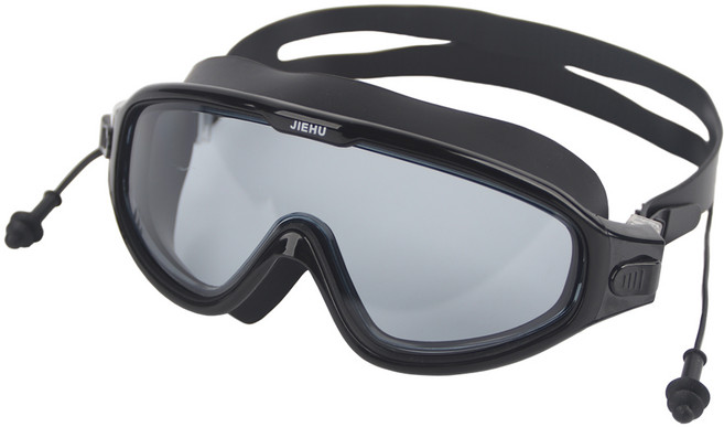 퓨어포스 일체형 귀마개 고글형 수경 김서림 방지 안티포그 물안경 와이드뷰 노미러 렌즈 남녀공용 수영 레저 패킹 고글 + 케이스 포함, 1개, R98708B(블랙