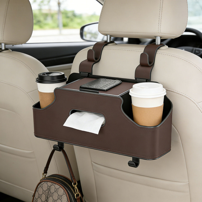 KEMEI 차량용 다용도 시트 수납함 - 뒷좌석 정리 팩 & 뒷자리 컵홀더, 갈색, 1개