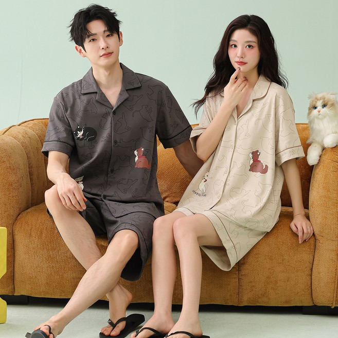 ANYOU 순면 100% 커플 파자마 세트 부드러운 여름 홈웨어 상하세트