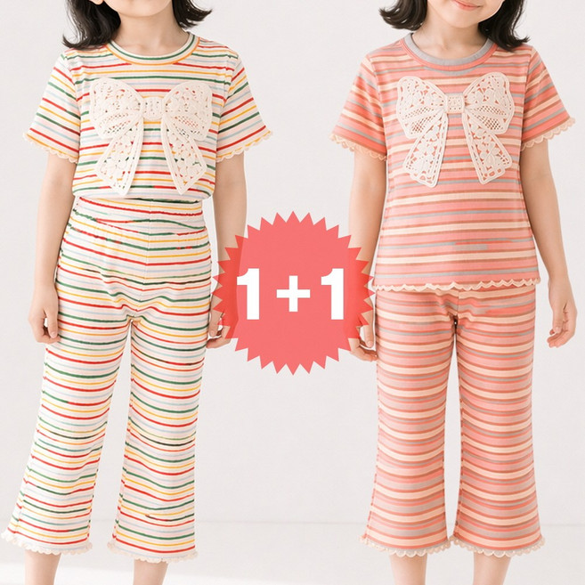지디오 키즈 여아 여름 상하복 2개 세트 스트라이프 실내복 반팔 티셔츠 밴딩 바지 이지웨어 셋업 투피스