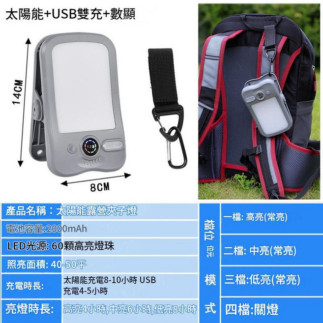 USB充電夾子燈 太陽能露營燈 2000mAh 長續航便攜照明, 露營燈灰色1個裝, 1個