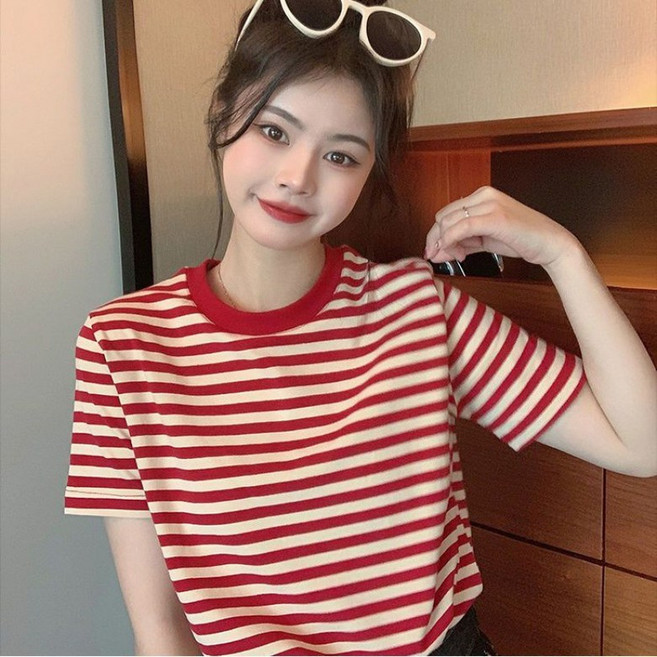 킹덤컴퍼니 여성용 여름 캐주얼 코튼 단가라 라운드 스트라이프 반팔 티셔츠