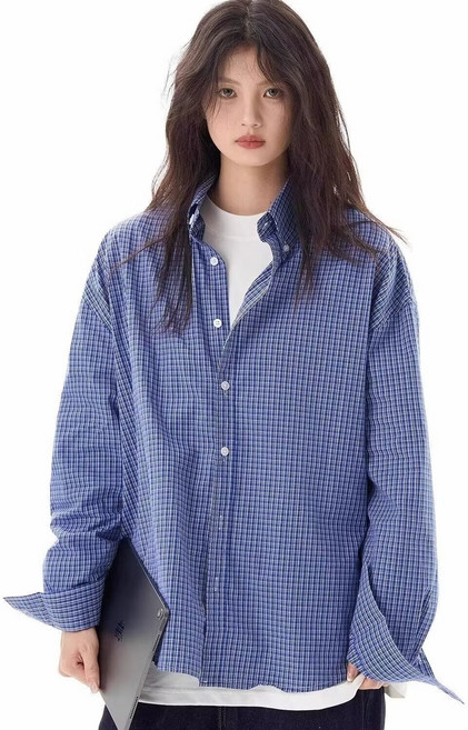 復古格子長袖襯衫男女春秋季情侶休閒襯衣高級感小衆寬鬆外套潮男