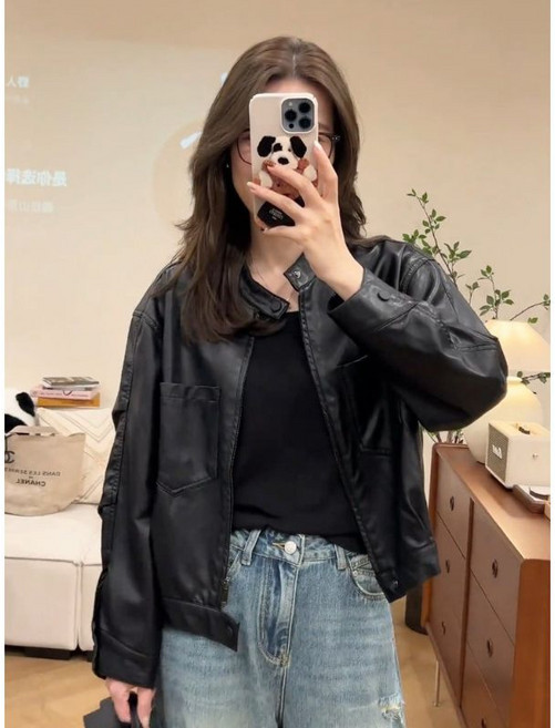 PU皮寬鬆機車外套女 春季新款