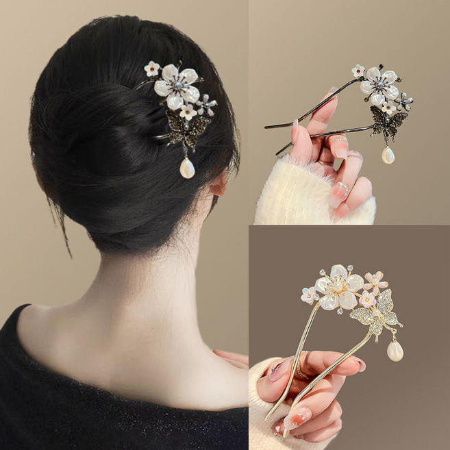 ZMBIRD 꽃 나비 올림머리 한복 u자 비녀 2종세트 N1286