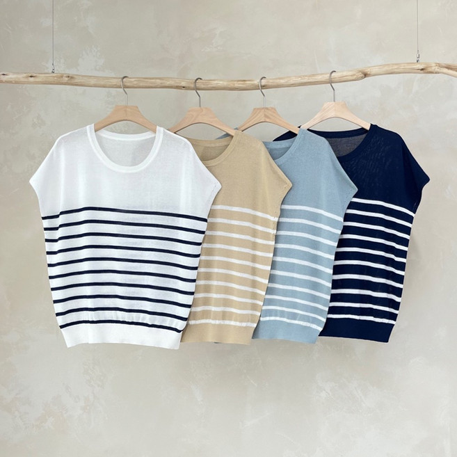 니트코어 여성 여름 시원한촉감 찰랑 빅사이즈 루즈핏 라운드넥 단가라 스트라이프 나시 민소매 니트 티셔츠