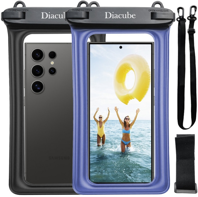 다이아큐브 1+1 갤럭시S23 S24 S25 울트라 휴대폰용 스마트폰 원터치 방수팩 방수등급 IPX8 (+암밴드), 1세트, 블랙+스카이블루
