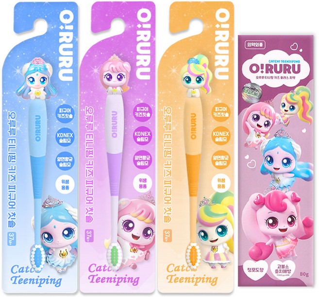 캐치티니핑 피규어 칫솔 3종 + 캐치티니핑 불소치약, 1세트, 4개입, 사뿐+아름+뽀니+치약