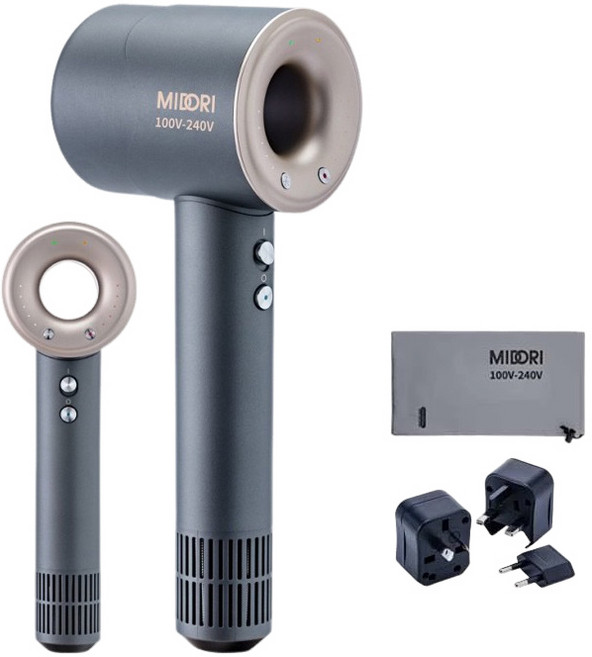 MIDORI 全球通 高風速溫控負離子吹風機 國際電壓 出國必備, 鈦灰色, 簡單標準組