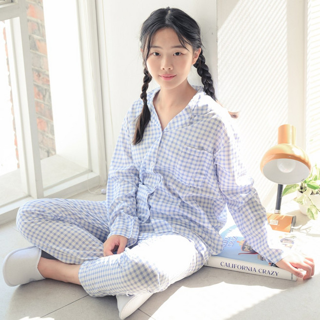 코코드림 주니어용 학생 기본 체크 카라 셔츠 긴팔 잠옷 홈웨어 상하의 세트