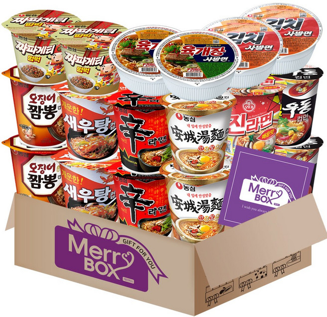 소컵라면18개세트(신라면2+새우탕2+튀김우동2+짜파게티2+오징어짬뽕2+안성탕면2+미니왕뚜껑2+육개장사발면2+김치사발면2)+메세지카드, 1개