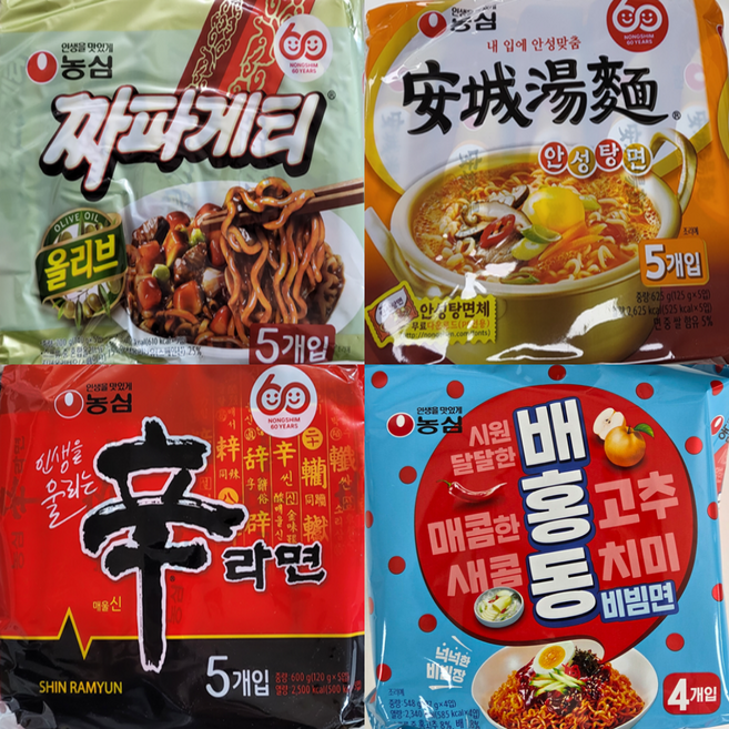 농심 짜파게티1봉(5개)+안성탕면1봉(5개)+신라면1봉(5개)+배홍동 비빔면1봉(4개)/봉지라면 묶음, 1세트