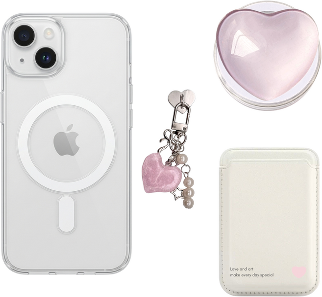 맥세이프 케이스 + 카드지갑 홀더 + 하트 크리스탈 스마트톡 그립톡 + 귀여운 키링 4종 올인원 세트