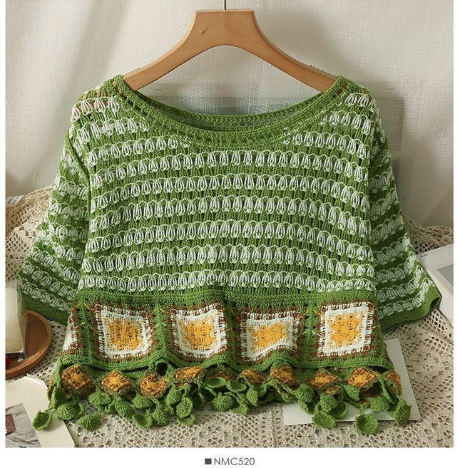 레트로 스타일의 코바늘 뜨개질 라운드넥 반소매 니트 여성용 여름 신상품 독특한 디자인의 태슬 장식 숏탑