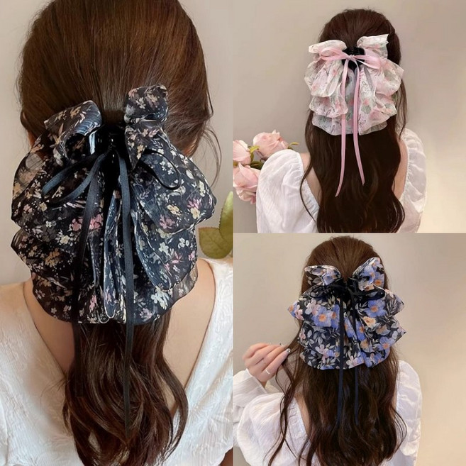 ZMBIRD 3종 세트 쉬폰 플라워 리본 올림머리 집게핀 대형 N126
