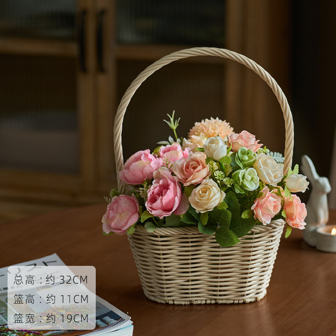 手工草編花籃 田園風客廳裝飾擺件插花籃, 1件, 吉祥玫繡球玫瑰捲心玫粉色和31CM柳編手提花籃:1