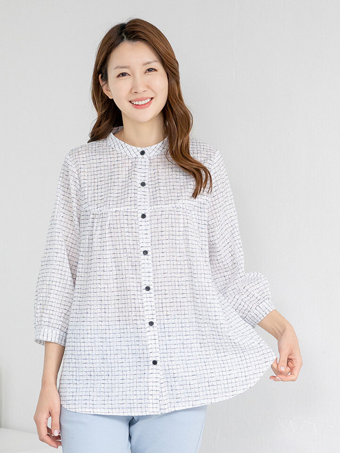 모슬린 엄마옷 셔츠 면 7부 라운드 체크 603FGH089 마담/중년여성/빅사이즈/50대/60대