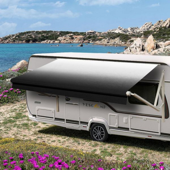 YESCAMP RV 차양 원단 교체품 튼튼한 내후성 4겹 524.5g(18.5온스) 비닐 캠퍼 차양 원단 - 캠핑카 트레일러 및 모터홈용 범용 야외 캐노피, 12' (11'2" Fabric), 블랙 페이드, 1개