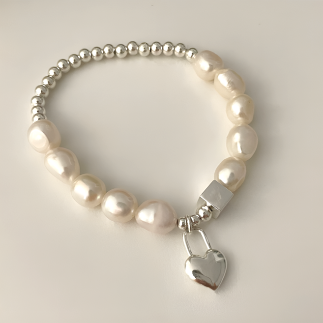 로니엔 여성용 실버925 하트 진주 은팔찌 비즈팔찌 선물추천