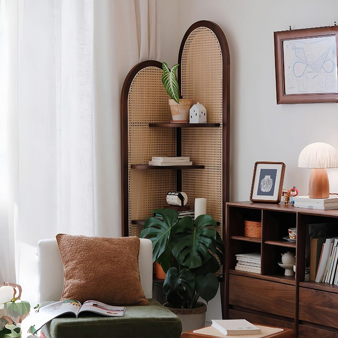 일공이오마켓 레트로 거실장식장 장식장가구 원목진열장 인테리어가구 피규어진열장 장식장, 라탄코너캐비닛-중간색