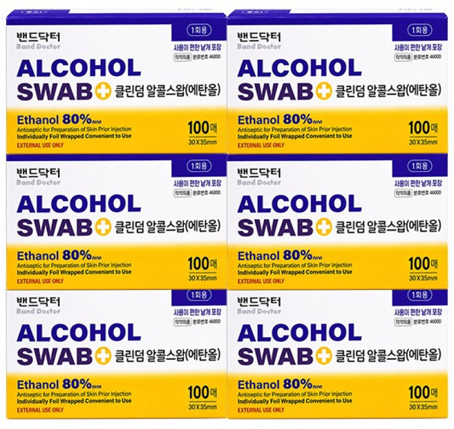 밴드닥터 클린덤 알콜스왑 일회용 알콜솜, 6개, 100매