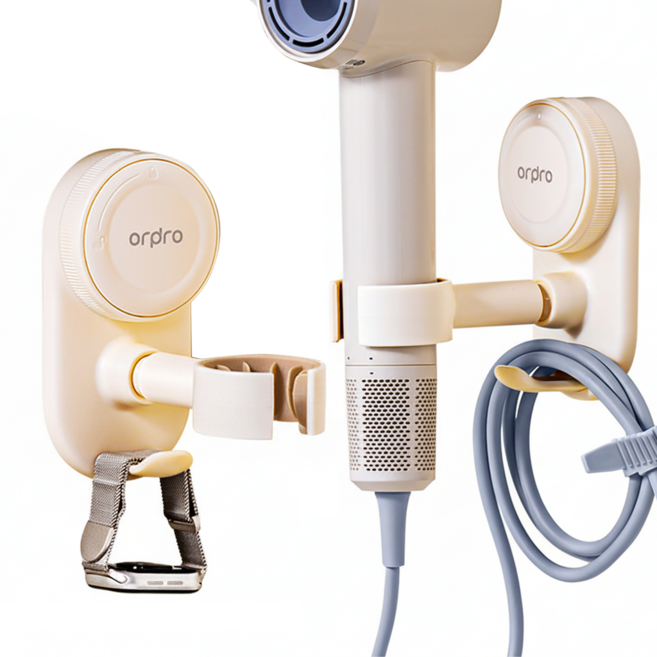 사시한사 무타공 흡착식 드라이기 거치대 핸즈프리 수납형 걸이 욕실 세면대 각도조절, 1개, 크림