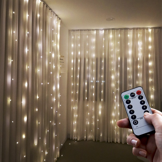 led 와이어 커튼 전구 줄 조명 usb전원 리모컨 점멸 300구, 웜화이트, 1개
