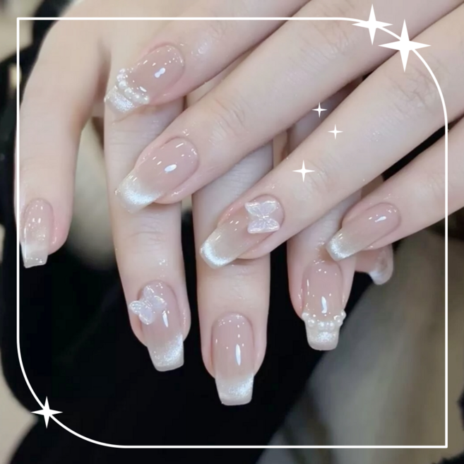 미리앤주 데일리 숏롱 디자인 셀프 네일아트 붙이는 네일팁 24P, 1개, 11-캣아이 진주 나비