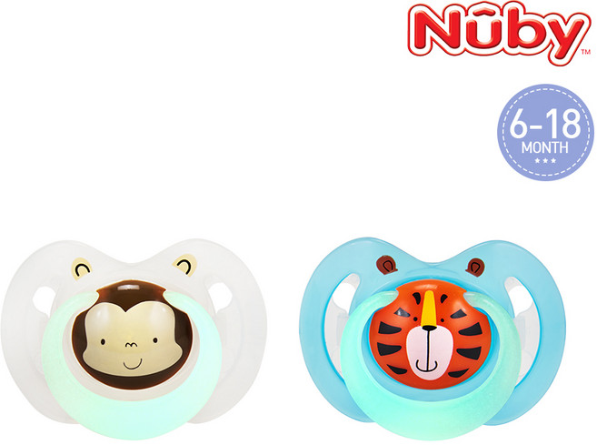 누비 동물친구 야광 노리개 젖꼭지 2p, 6~18개월, 원숭이, 호랑이, 2개