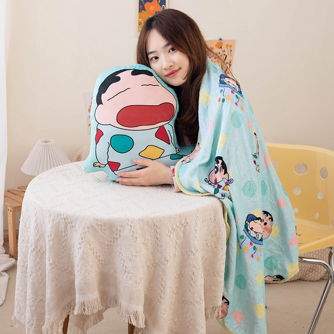 [짱구는 못말려]짱구 파자마 라인 프린트 쿠션+담요 2in1 세트 하나의 가격으로 쿠션 베개 과 담요를 동시에, 제품8(하품짱구2)(하늘색)