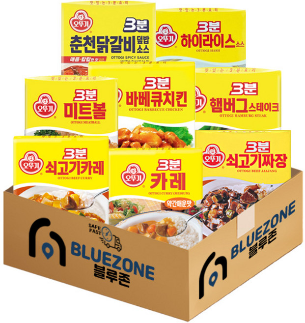 오뚜기 3분소스 8종(쇠고기카레+쇠고기짜장+카레 약간매운맛+햄버그스테이크+미트볼+춘천닭갈비소스+하이라이스소스+바베큐치킨), 1세트