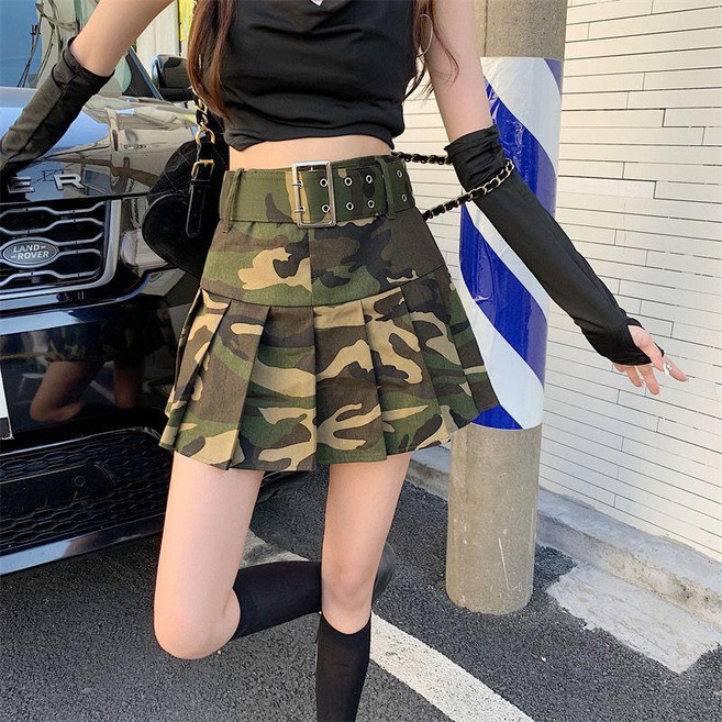 高腰顯瘦迷彩百褶短裙 辣妹風格