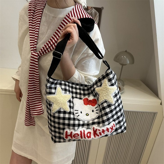 투니스 여성 고양이 자수 체크 숄더 크로스백