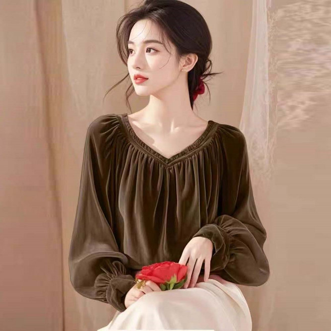 TKX 벨벳 블라우스 여성용 가을 겨울 벨벳 상의 긴팔 루즈핏 V넥 블라우스 KN89