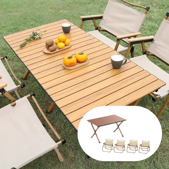 아웃도어 4인 캠핑 테이블 의자 세트 캠핑롤테이블 접이식 bbq테이블 테라스테이블, 갈색
